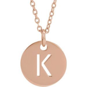 14k Rose Gold Initial K, Small 10mm Pierced Disc Necklace, 16-18 Inch